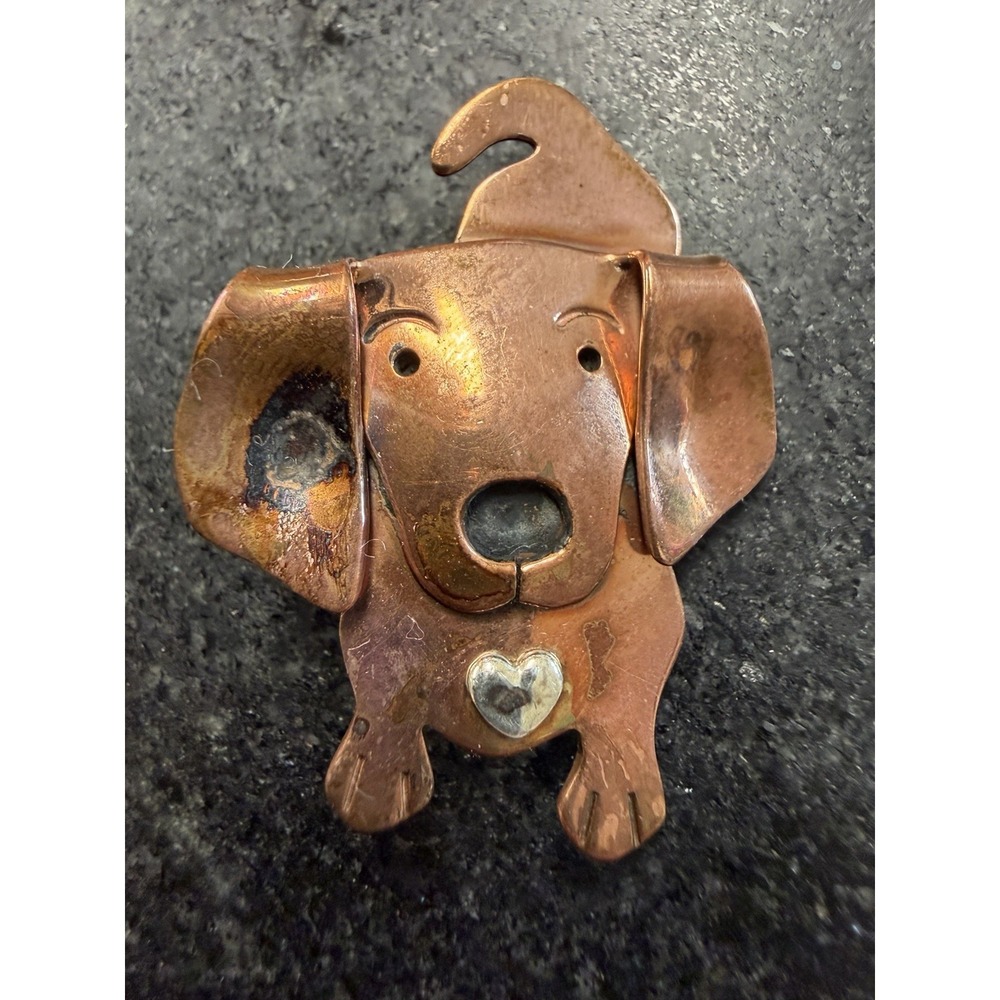 Far Fetched Copper Dog Brooch Pin Handmade Mixed Metal Heart Signed 1.5"